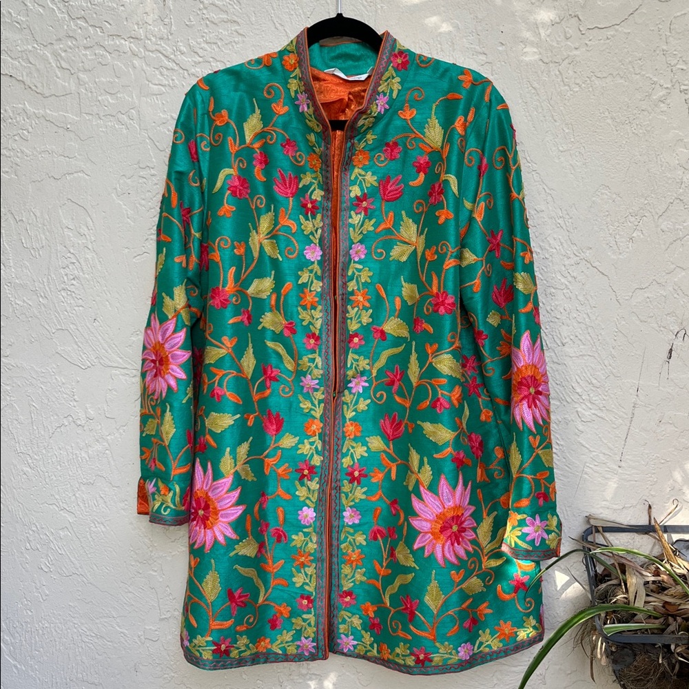 Soft Surroundings Orange and Teal Embroidered Jacket 3/4 length XL